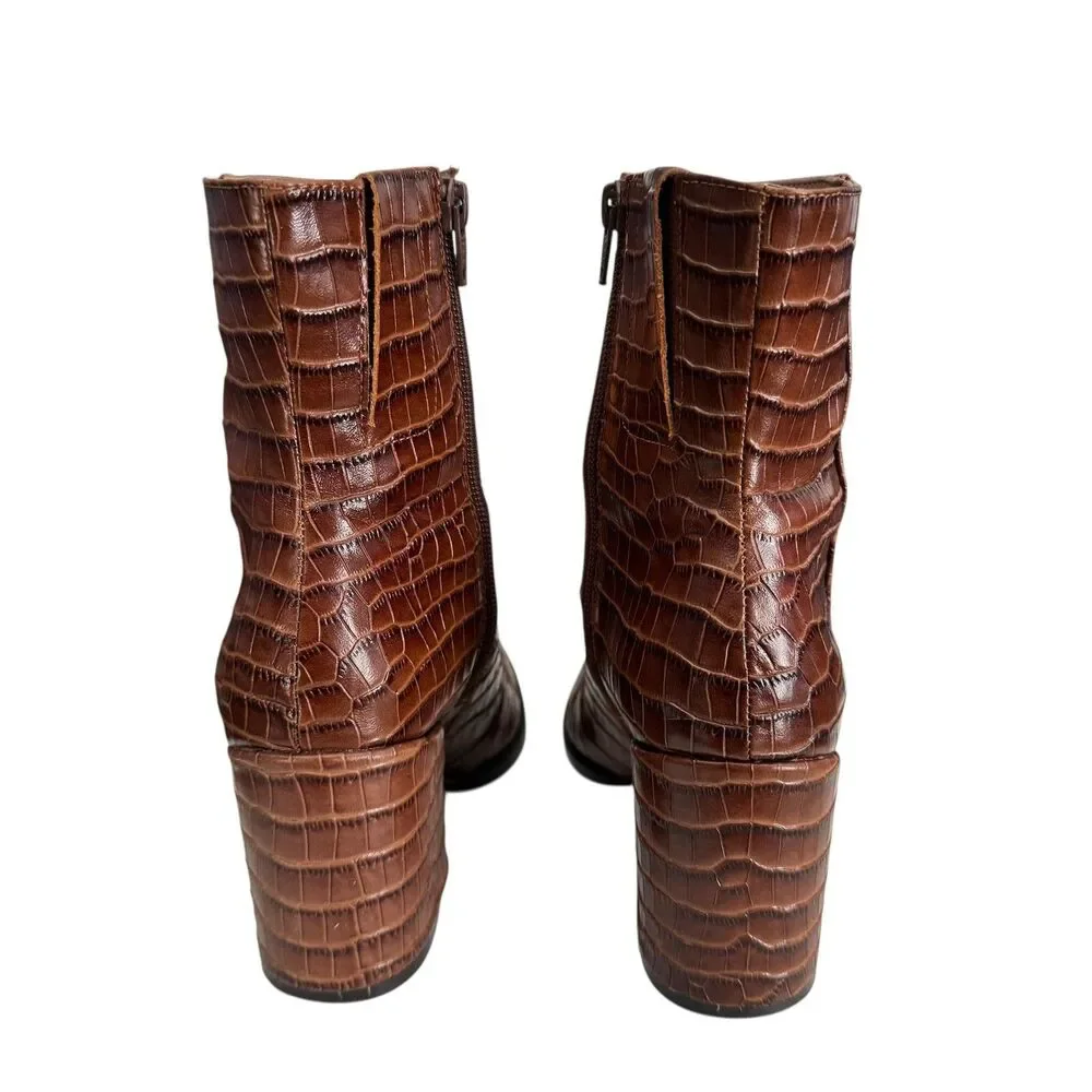 Vionic Harper Croc Boots Womens Size 6 Brown Leather‎ Ankle Block Heel Booties
